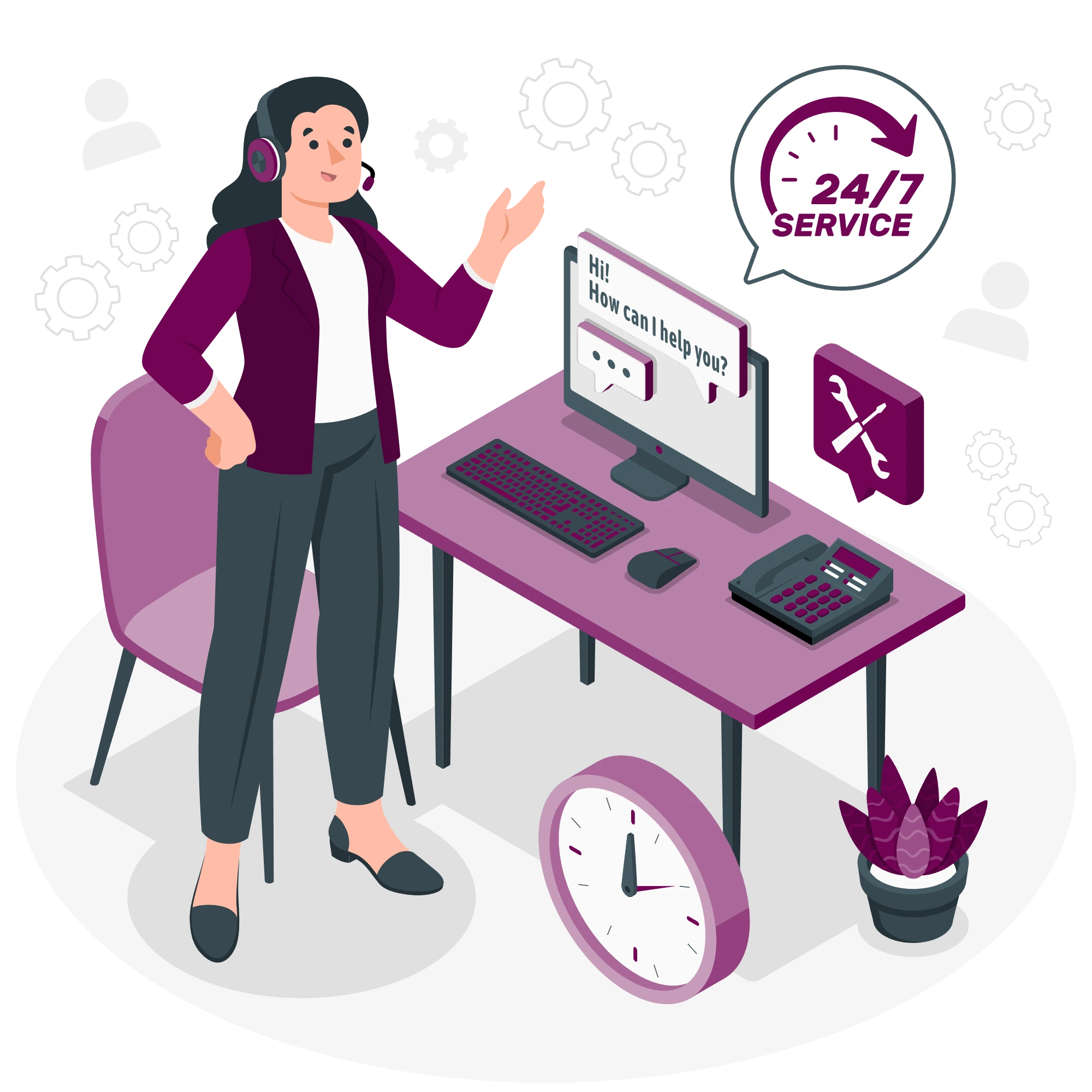 A digital customer service representative stands beside a desk with a computer, phone, and tools, surrounded by gears and a clock indicating 24/7 service.